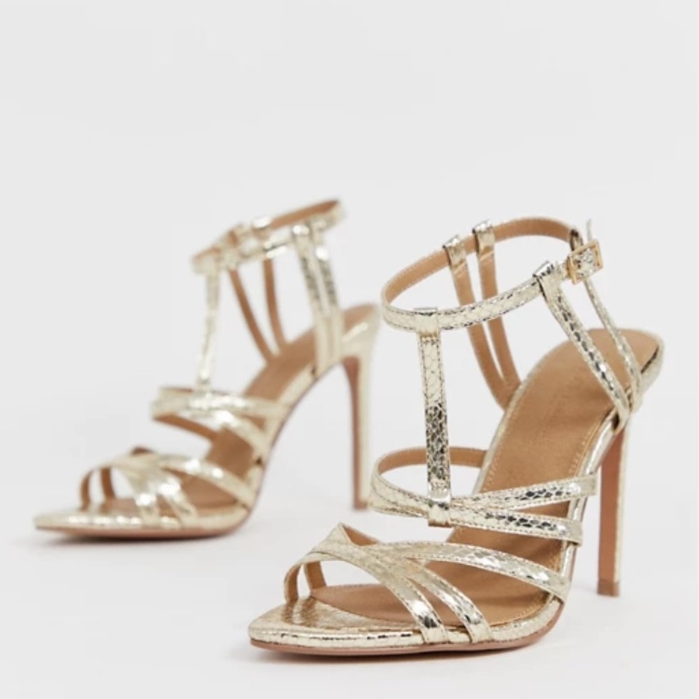 Gold snake print strappy heel